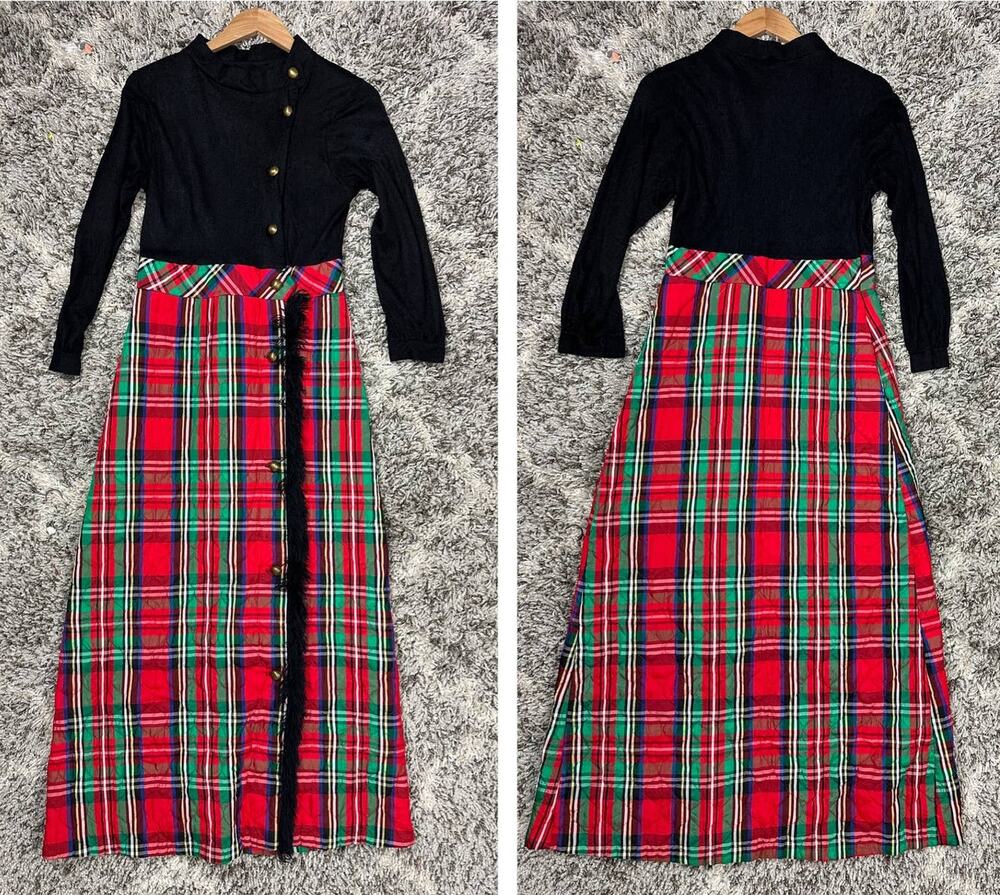 Vintage 60s 70s Maxi Dress Red Quilted Tartan Plaid Black Long Sleeve Christmas
